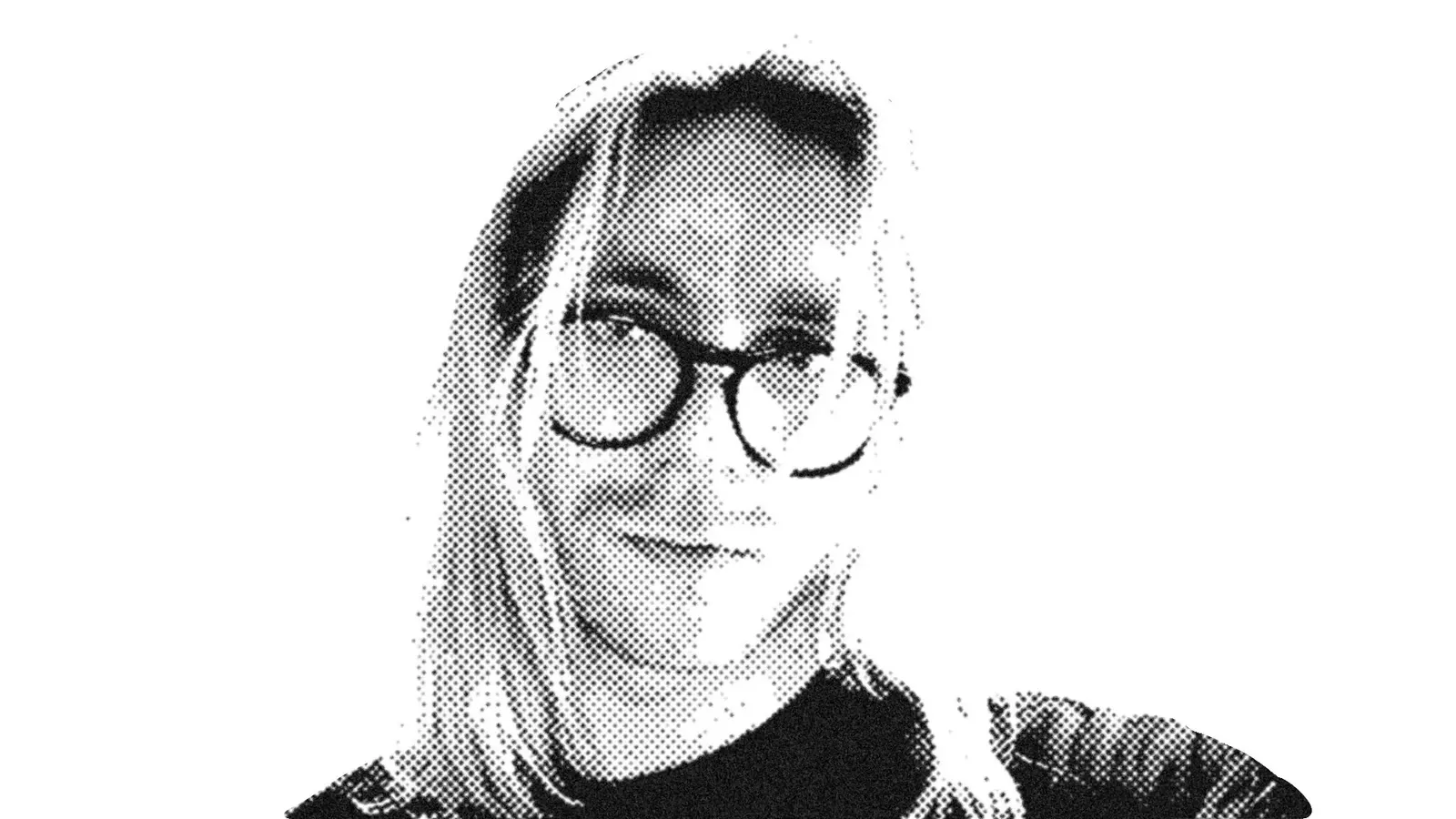 A black and white photo of a long hair man with glasses.