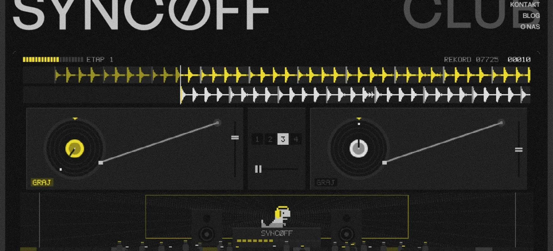 Ekran gry SYNC OFF DJ: dwa decki z falami w kolorach SYNCOFF, a na dole pikselowy dinozaur w słuchawkach za konsoletą i tańczący tłum