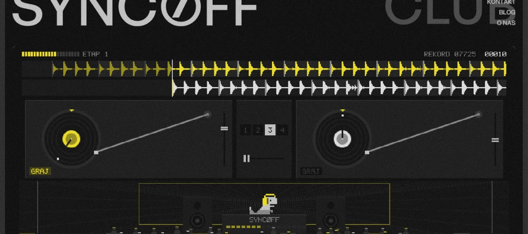 Ekran gry SYNC OFF DJ: dwa decki z falami w kolorach SYNCOFF, a na dole pikselowy dinozaur w słuchawkach za konsoletą i tańczący tłum